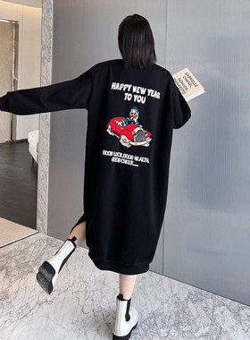 胖mm大码女装2026年秋冬新款加绒加厚过膝卫衣裙显瘦宽松连衣裙潮
