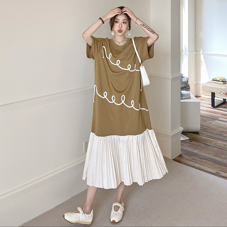 长款假两件T恤裙女夏季大码宽松拼接压褶裙摆绳子绣花短袖连衣裙