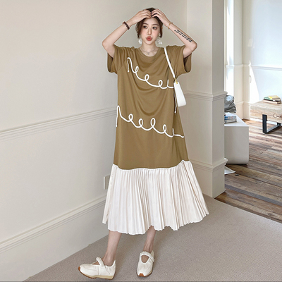 长款假两件T恤裙女夏季大码宽松拼接压褶裙摆绳子绣花短袖连衣裙