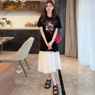 大碼 200斤t 夏裝 胖mm巨顯瘦連衣裙寬松遮肚子雪紡拼接長(zhǎng)裙歐貨大版