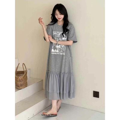 卡通印花拼接T恤裙女欧洲站2026年夏季新款韩版宽松显瘦休闲裙潮
