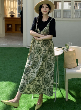 绿色碎花假两件背带裙吊带裙波西米亚沙滩裙宽松大码孕妇遮肚胖mm