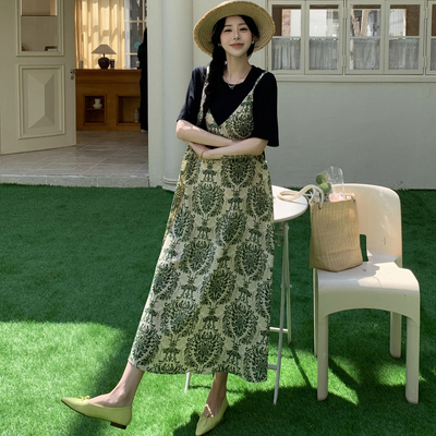 绿色碎花假两件背带裙吊带裙波西米亚沙滩裙宽松大码孕妇遮肚胖mm