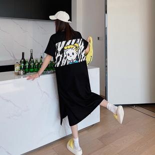 夏季 加肥加大码 纯棉连衣裙女短袖 薄款 宽松200斤长裙显瘦T 胖mm夏装