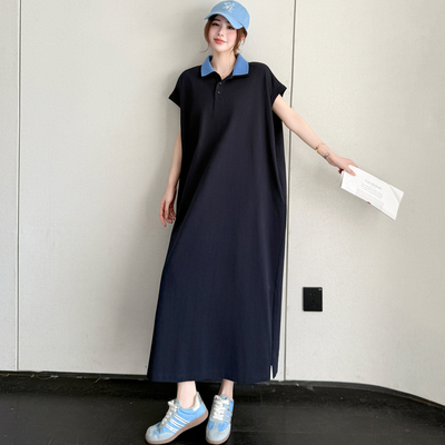 藏青色独特直筒宽松T恤连衣裙女巨好看简约通勤休闲风穿搭2026夏