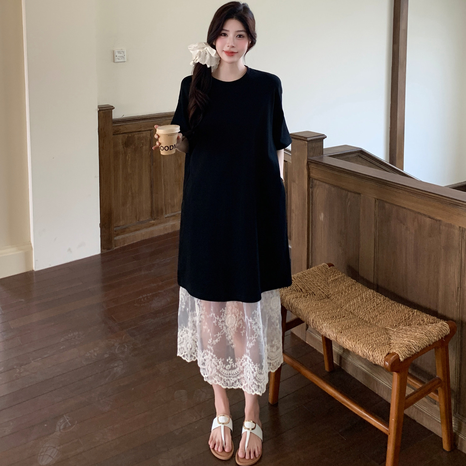 法式蕾丝拼接连衣裙女2026夏季新款韩系宽松遮肉T恤裙甜美鱼尾裙