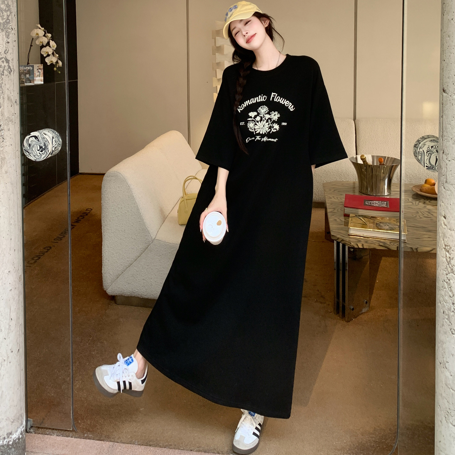 大码黑色印花正肩T恤裙夏季胖mm韩版宽松直筒长裙显瘦休闲连衣裙