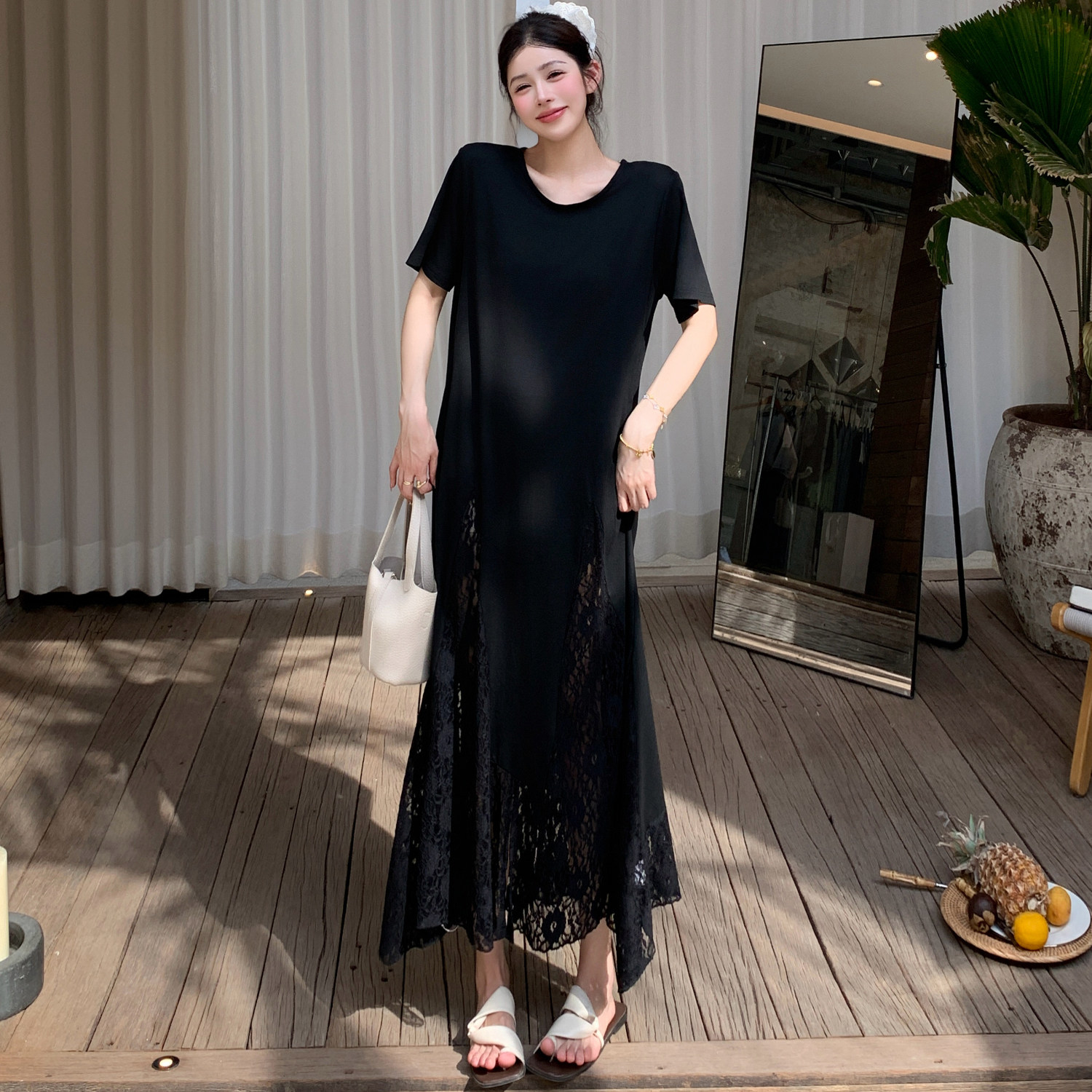 大码胖mm遮肚假两件显瘦连衣裙夏季女装a字长裙子高级感拼接短袖