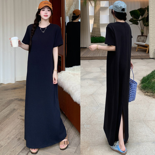 夏季新款大码女装胖mm超长款后开叉宽松慵懒风T恤裙短袖连衣裙