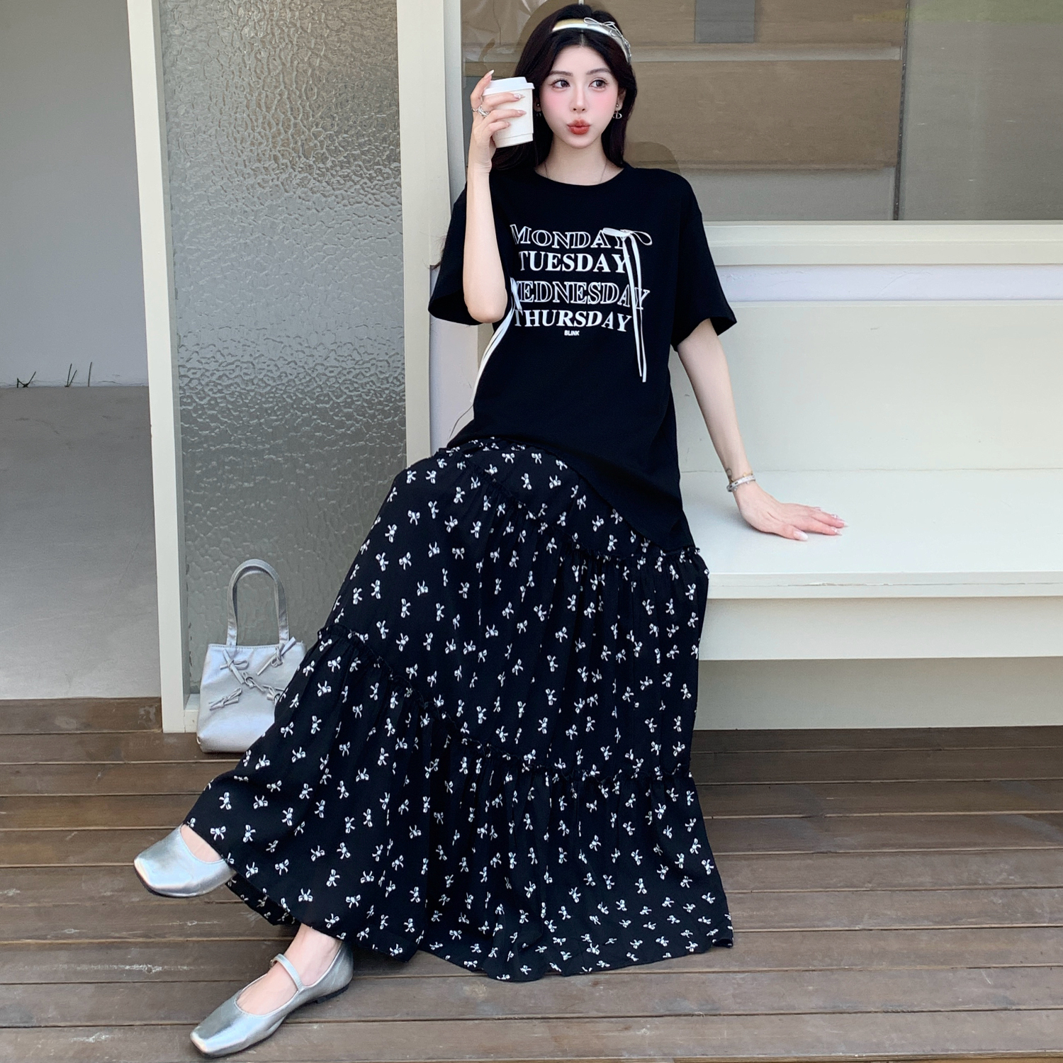 张大人甜酷风大码女装胖妹妹mm显瘦套装减龄短袖T恤垂坠感半身裙