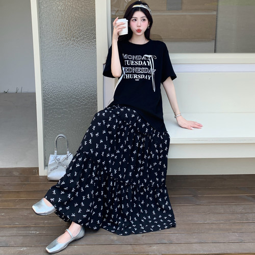 张大人甜酷风大码女装胖妹妹mm显瘦套装减龄短袖T恤垂坠感半身裙