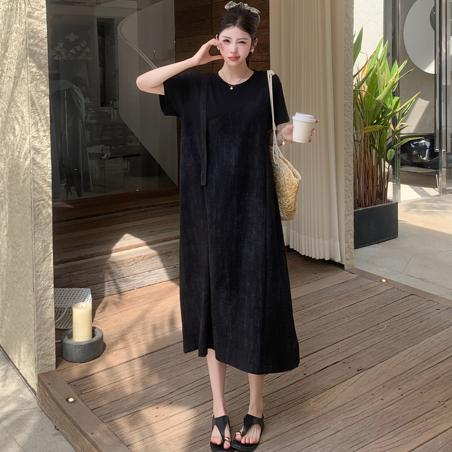 黑色大码宽松拼接假两件棉麻裙女夏季设计感气质显瘦短袖连衣裙潮