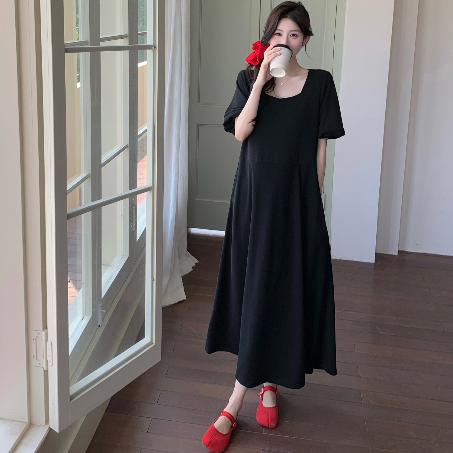 大码法式赫本风方领连衣裙女夏季胖mm梨型身材显瘦a字大摆长裙子