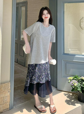 微胖巨好看连衣裙宽松遮肉拼接雪纺长裙子2026新款胖妹妹大码韩版