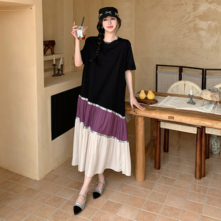 撞色拼接T恤连衣裙2026新款女夏季爆款韩版宽松遮肚休闲直筒长裙
