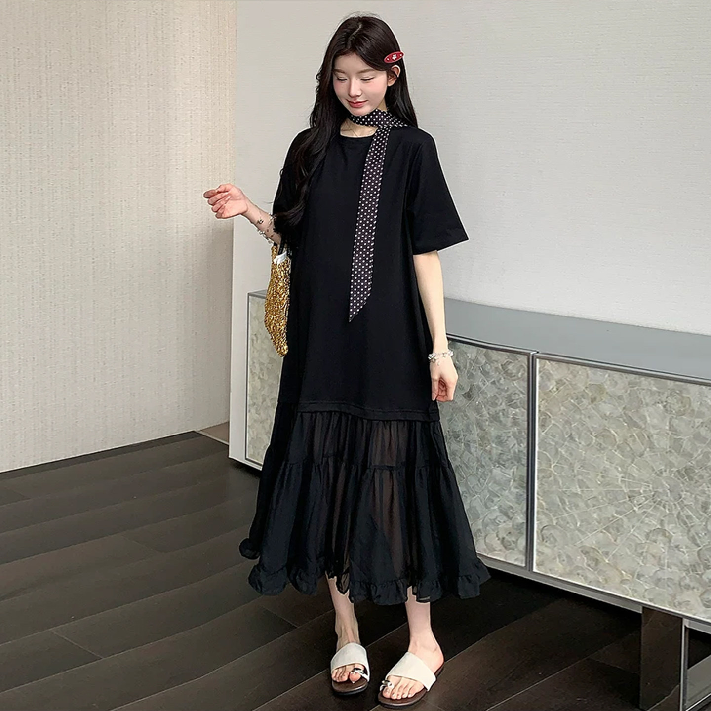 慵懒风假两件拼接连衣裙女夏宽松显瘦大码雪纺长裙子2026新款女装