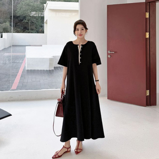 黑色气质超长款到脚踝大码女装夏季收腰显瘦胖mm宽松短袖连衣裙潮