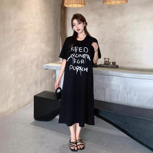 小个子新款连衣裙小胖姑娘大码女装纯棉直筒短袖t恤裙夏季长裙子