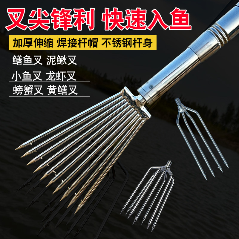 龙虾泥鳅鳝鱼叉不锈钢头鱼叉头黄鳝叉赶海螃蟹伸缩杆渔叉鱼插鱼叉