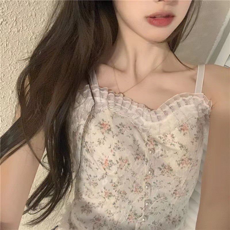 2024新款法式夏吊带外穿美背抹胸一体式带胸垫蕾丝显瘦背心女上衣