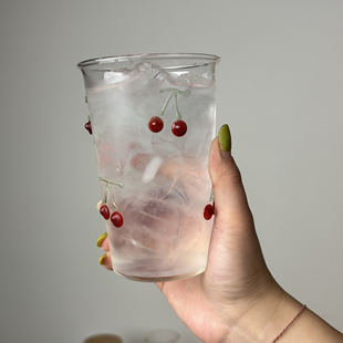 高硼硅樱桃玻璃杯浮雕手绘立体牛奶杯ins咖啡杯果汁杯气泡水酒杯