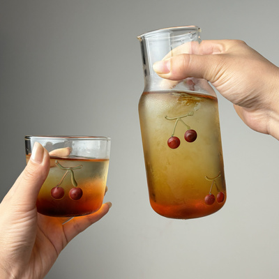 创意手绘樱桃一人饮透明玻璃杯一壶一杯冷饮杯泡花茶水果茶杯子