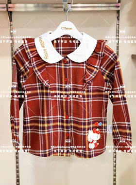 hellokitty女童衬衫2022秋冬新款宝宝长袖上衣外套儿童格子衬衣潮