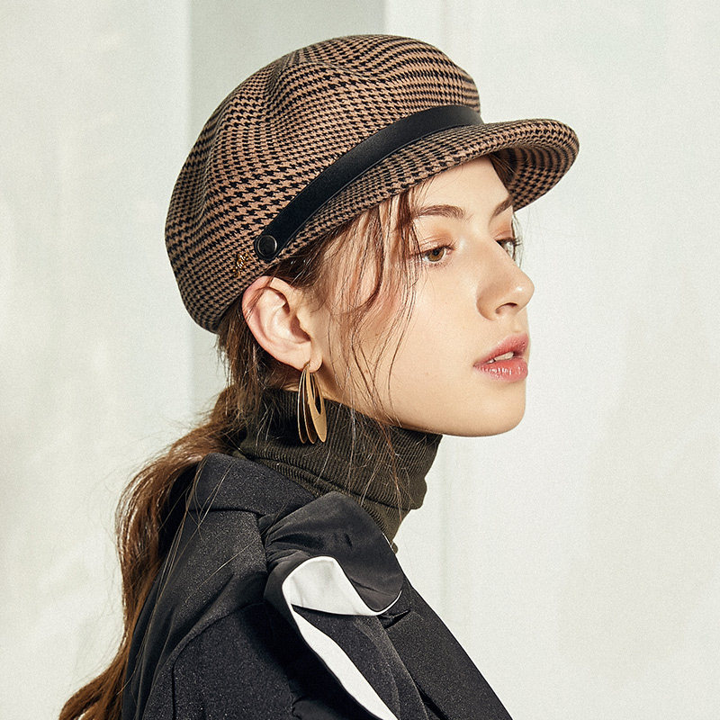 诗丹凯萨 八角帽女 秋冬季英伦格子贝雷帽女毛呢皮带格纹报童帽子