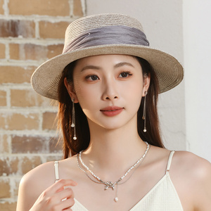 草帽子女夏季2026新款法式平顶遮阳帽女海边度假防晒帽女出游百搭