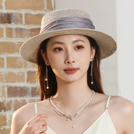 草帽子女夏季2026新款法式平顶遮阳帽女海边度假防晒帽女出游百搭