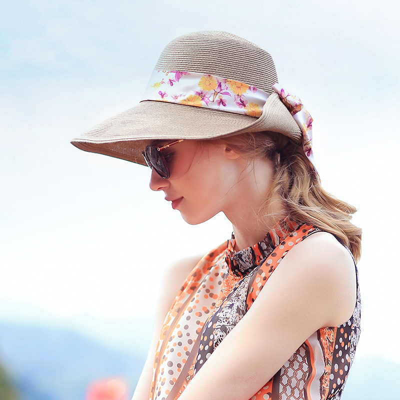 诗丹凯萨帽子女夏季大沿遮阳帽时尚出游沙滩帽女太阳帽花布蝴蝶结