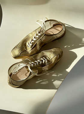 HOME WORK原创设计师裂纹牛皮拼接网纱复古德训手工女鞋古董金色