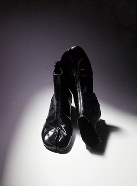 HOME WORK原创设计师手工分趾忍者切尔西超软牛皮低跟短靴袜靴黑