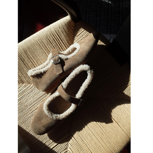 HOME 棕色 WORK原创设计师手工温暖羊羔毛玛丽珍平底鞋