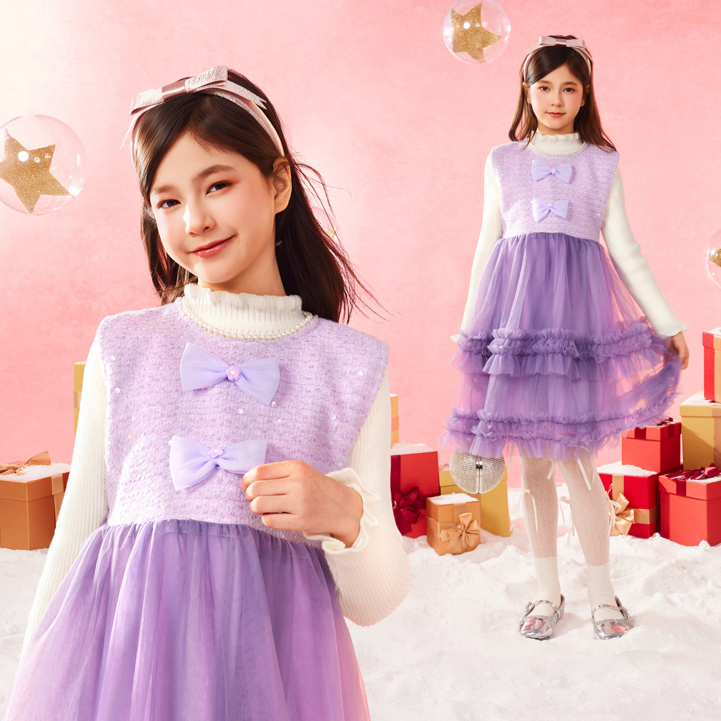 小虎帕蒂女童冬装新款小香风蝴蝶结亮片连衣裙毛衣两件套公主套装