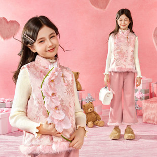 小虎帕蒂女童2025新款冬装新中式织锦马甲拜年服裤子套装日常唐装