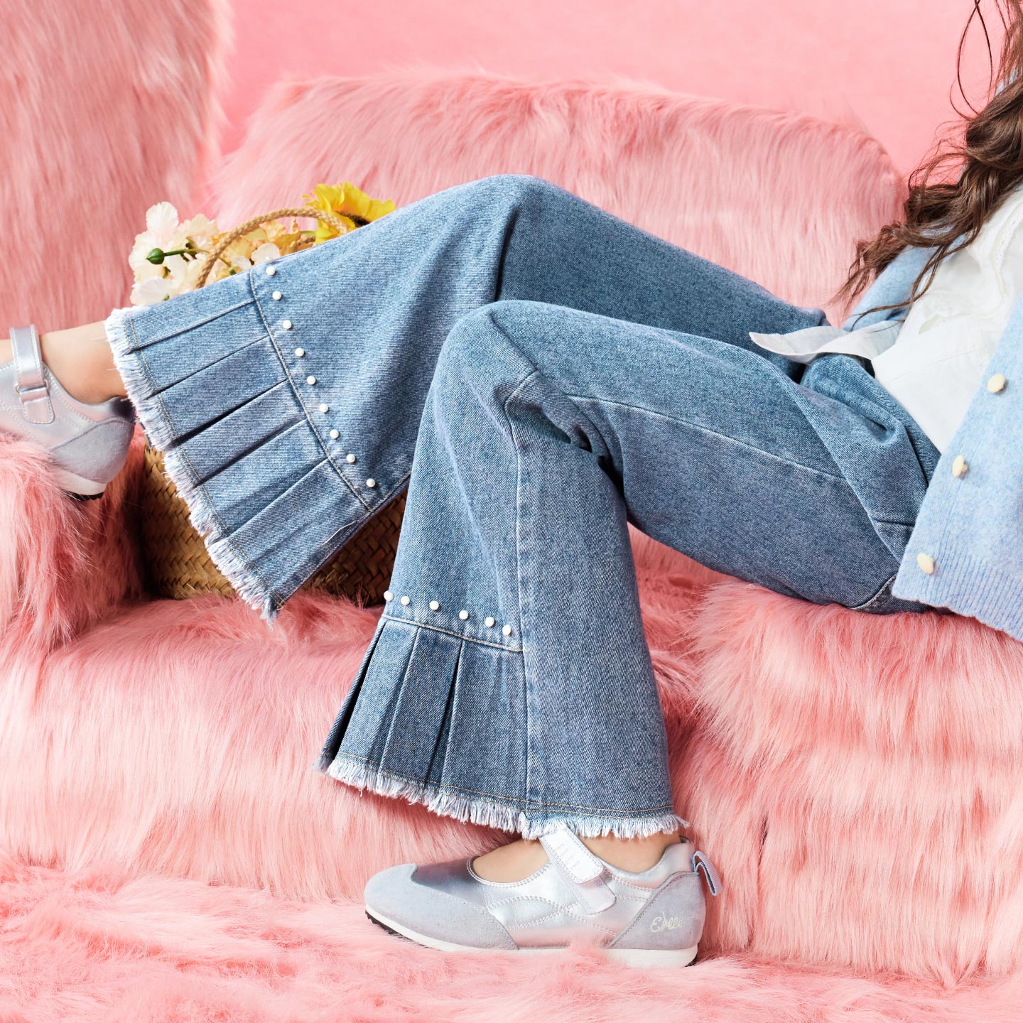 女童珍珠花边牛仔裤春秋新款