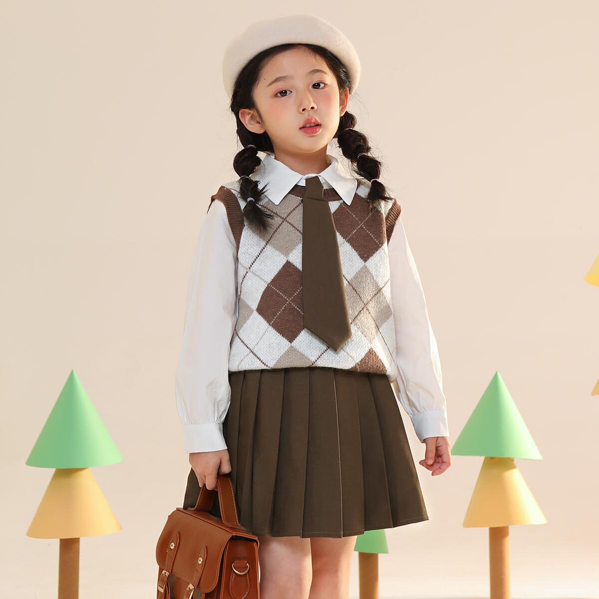 小虎帕蒂女童复古套装春秋中大童白衬衫格纹毛衣背心半身裙三件套