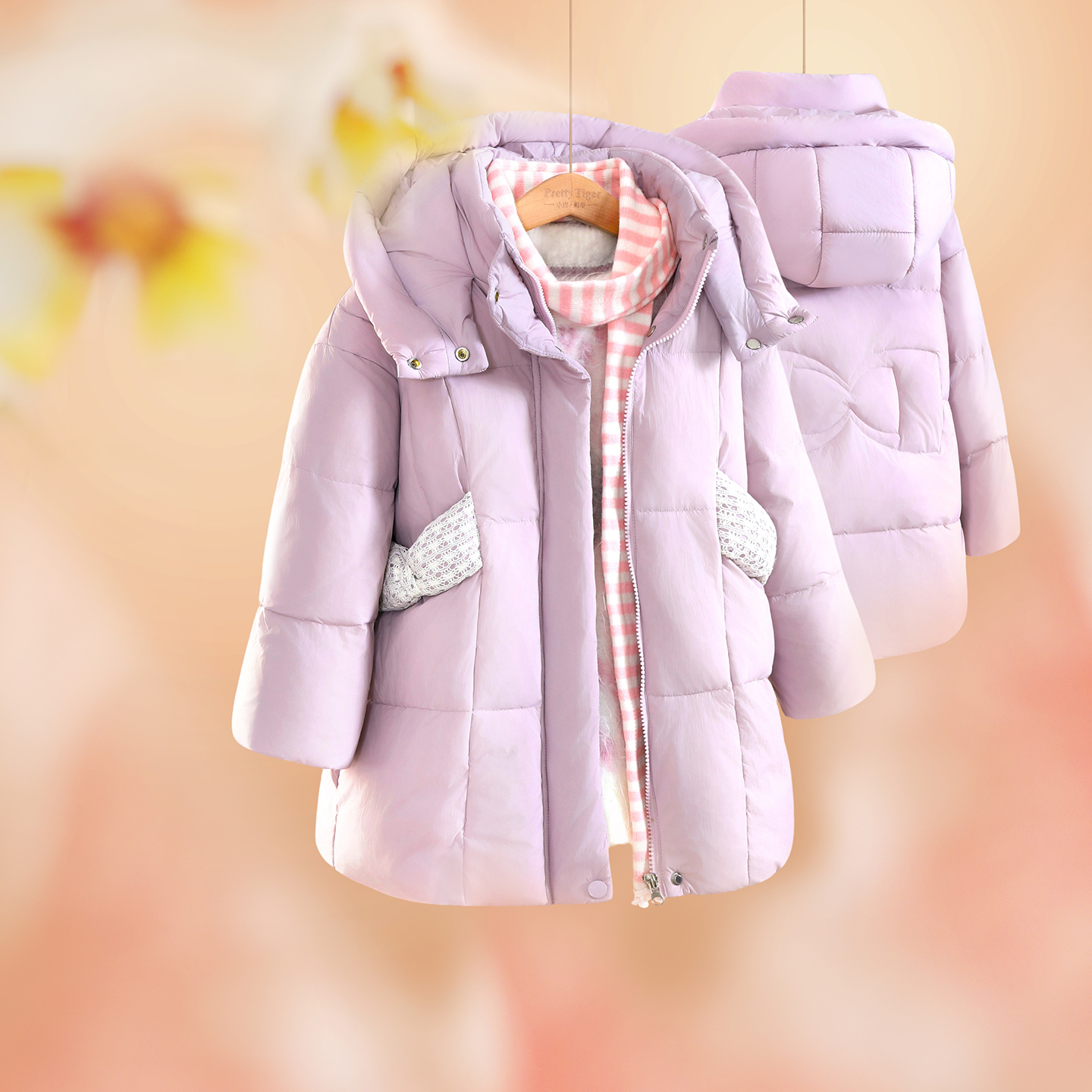 小虎帕蒂女童冬季新款蝴蝶结连帽白鸭绒羽绒服中长款洋气保暖外套