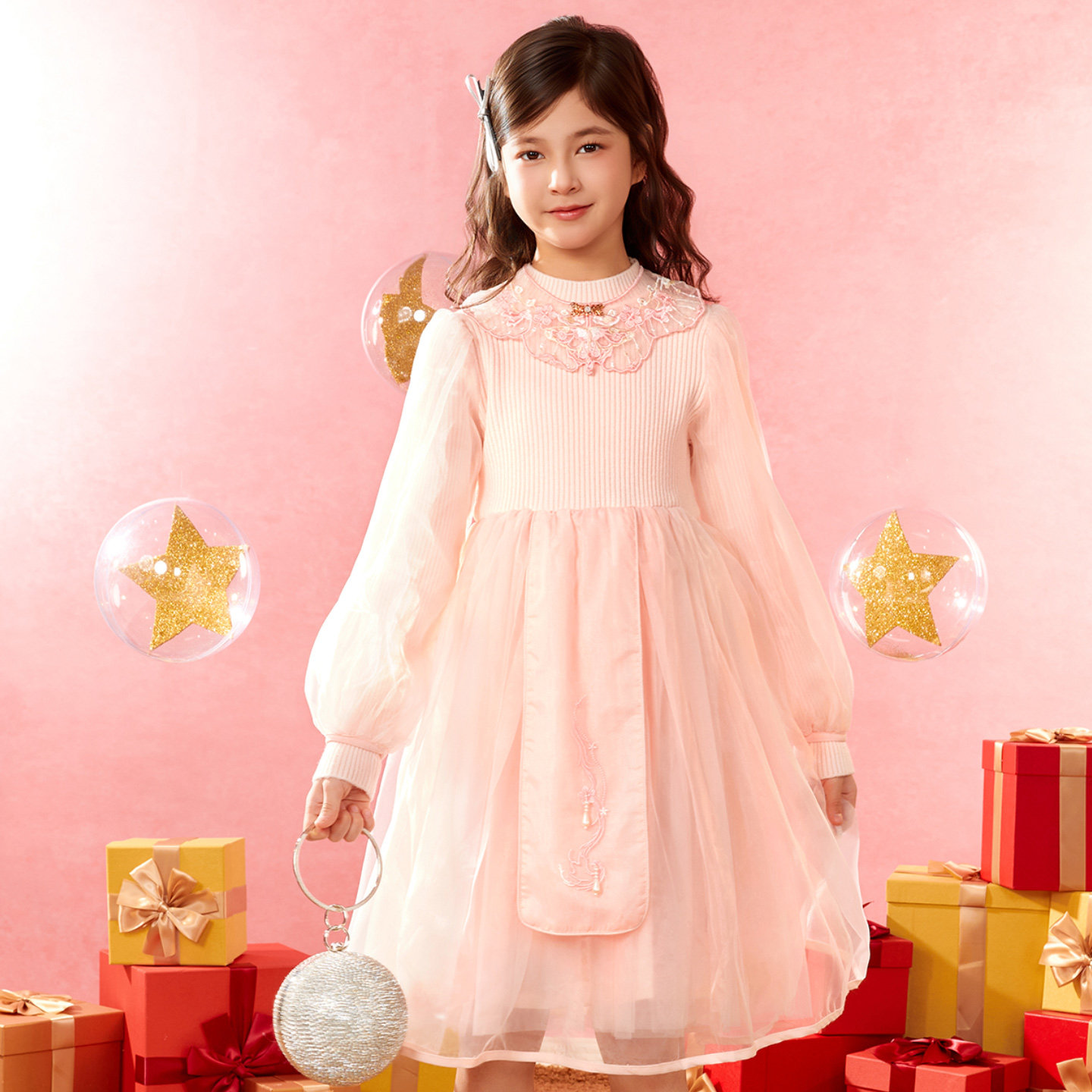 小虎帕蒂女童中国风连衣裙绣花云肩春秋灯笼袖古风仙女裙网纱裙