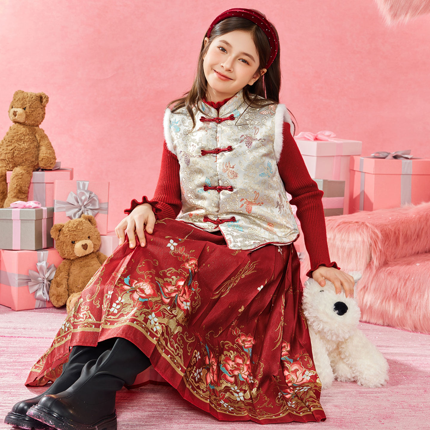 小虎帕蒂女童冬季新款新中式织锦马甲国风马面裙汉服套装拜年服,童装/婴儿装/亲子装,汉服,淘宝优惠券,粉丝福利购,淘宝优惠卷