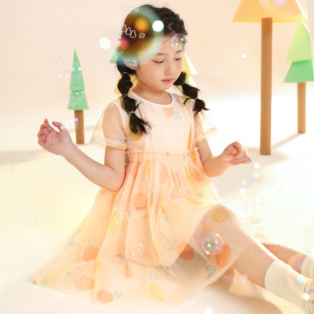 小虎帕蒂夏季女童水果印花网纱连衣裙女孩元气短袖公主裙甜美纱裙