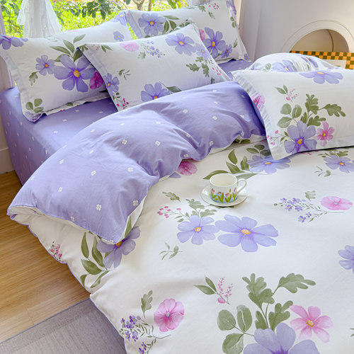 2026新款床上四件套薄款小清新紫色花宿舍三件套全棉被套床单床笠