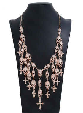 欧美个性骷髅头吊坠流苏夸张十字架项链女气质百搭毛衣链配饰挂件