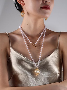 时尚百搭法式复古手工金丝缠绕珍珠吊坠项链耳钩套链长款叠戴饰品