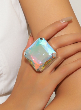 时尚夸张闪亮水晶开口方形戒指女