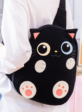 台湾啵啵猫 610068 可爱黑猫咪防盗胸包后背包纯棉布艺新款黑色