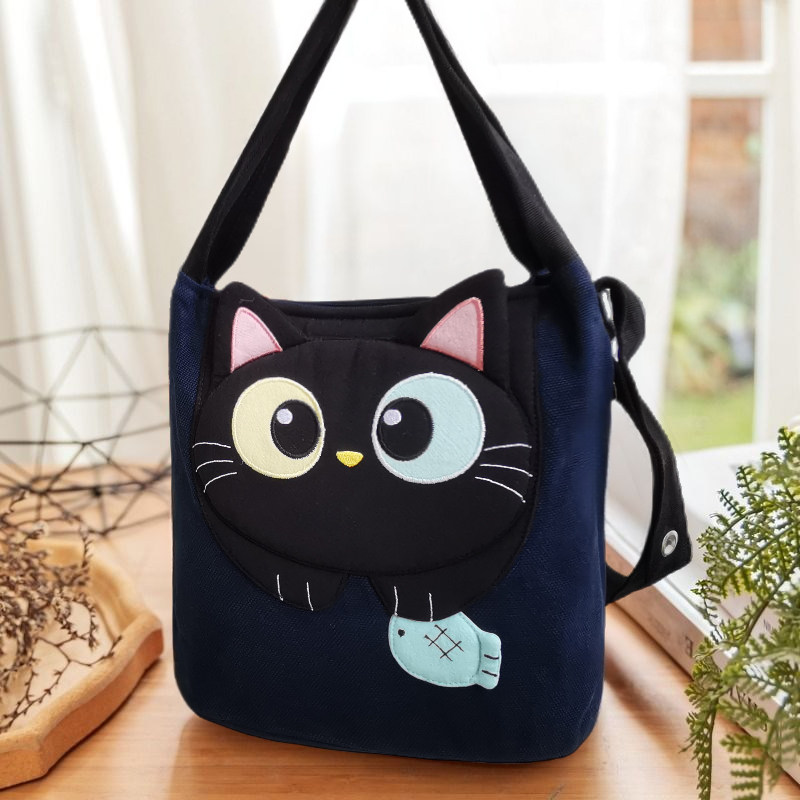 卡通黑猫纯棉布手提斜挎包三层
