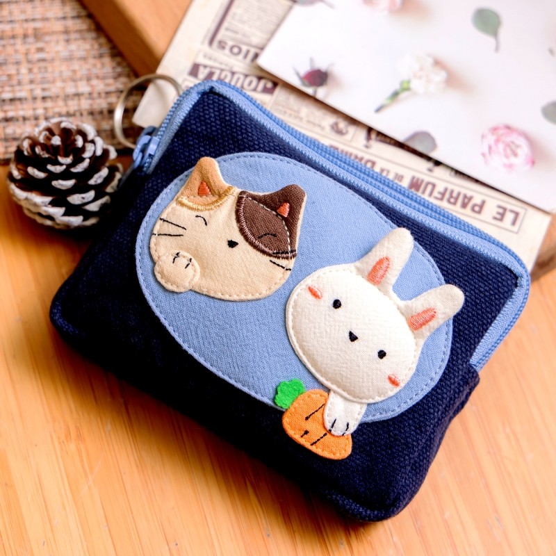 台湾啵啵猫 620212 猫咪双层零钱包卡套钥匙包多功能小包纯棉布艺