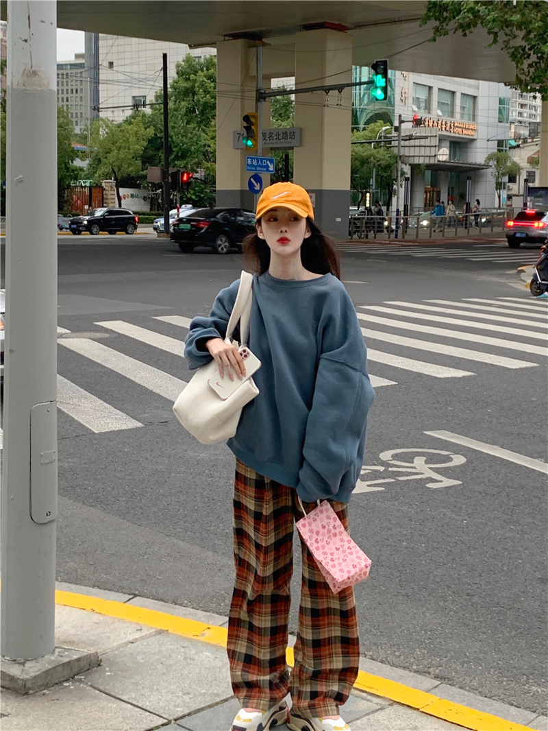 Real price haze blue Crew Neck Sweater loose Pullover Plush Top + Plaid high waist casual wide leg pants